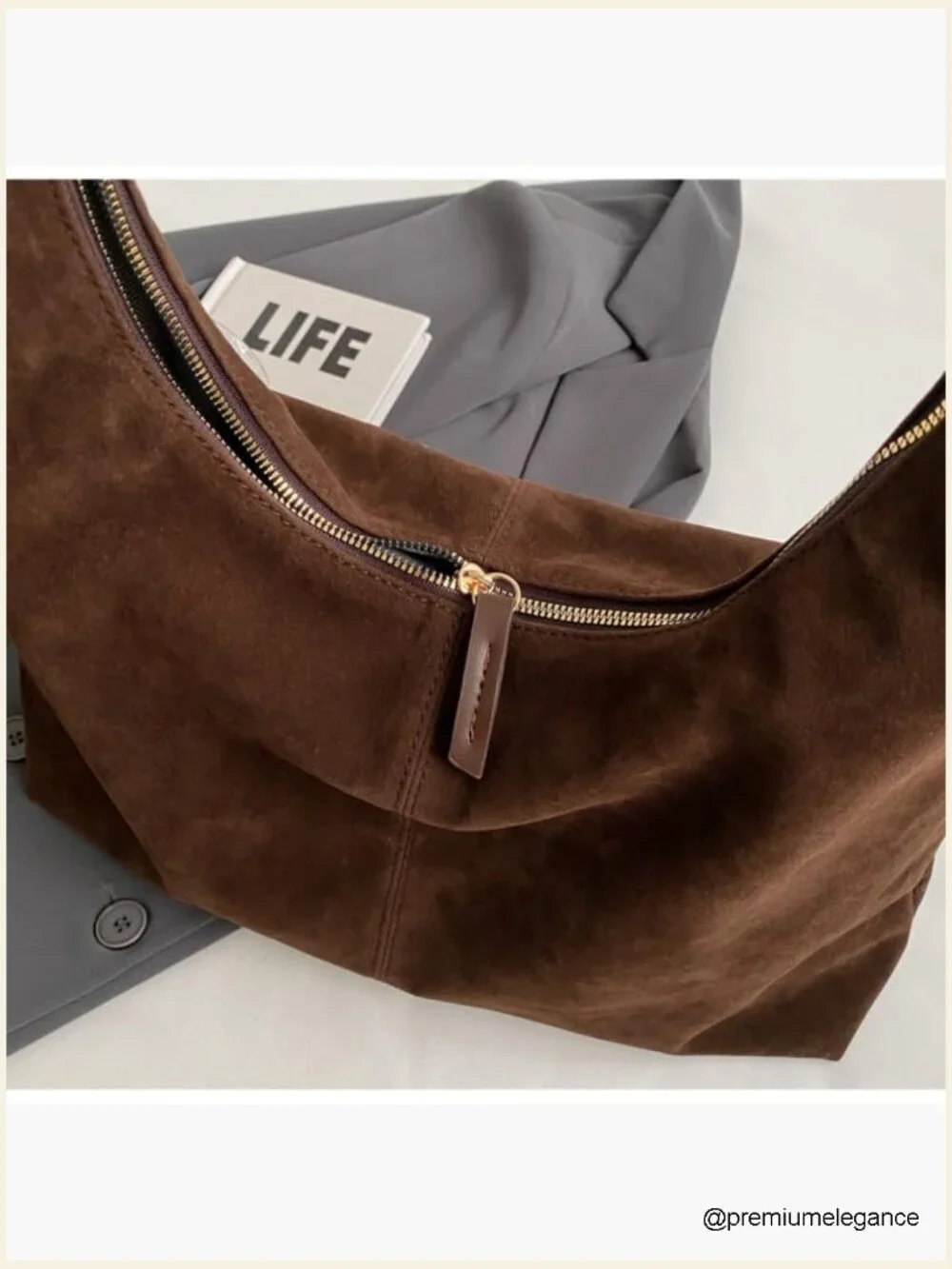 Faux Suede Slouchy Hobo Shoulder Bag with Pockets